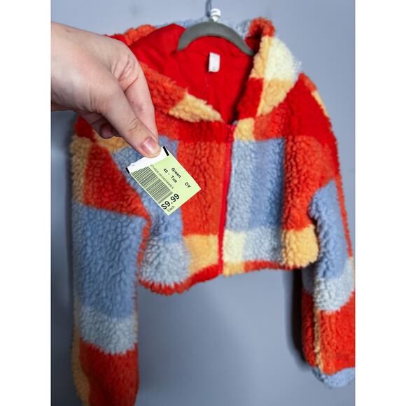 Anthropologie Daily Practice Faux Shearling Crop Zip-Up Jacket Orange Plaid XS - Picture 5 of 9